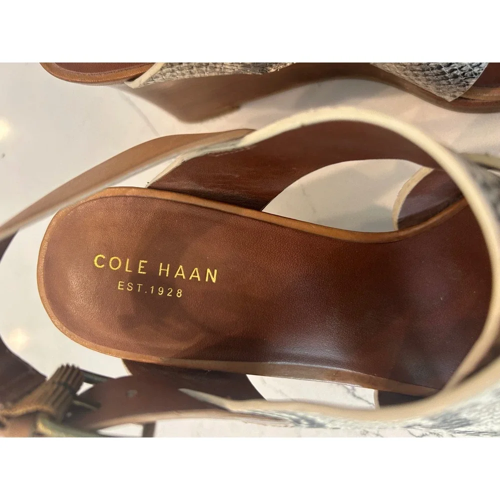 Cole Haan‎ Wedge Sandals Tan Snakeskin Embossed Leather Strappy Platform W01191